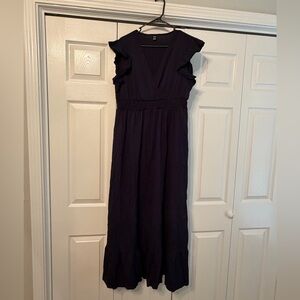 Navy sleeveless maxi dress with ruched waist and ruffled cap sleeve-Size XL